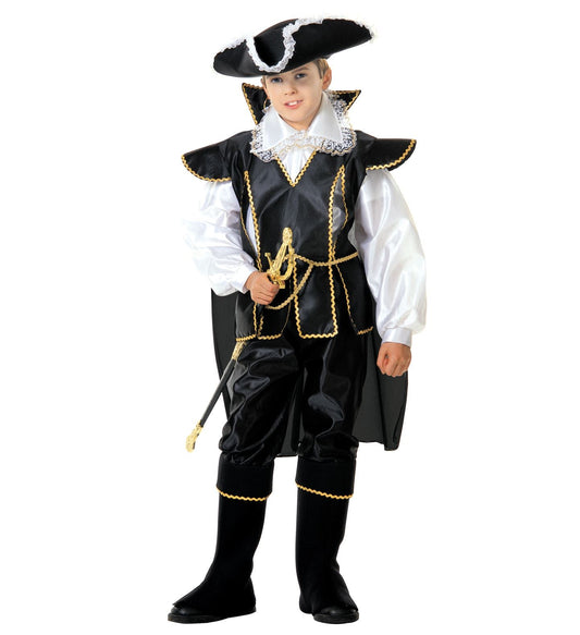 Boy in black pirate costume with tricorn hat, ruffled shirt, coat, trousers, and sword.