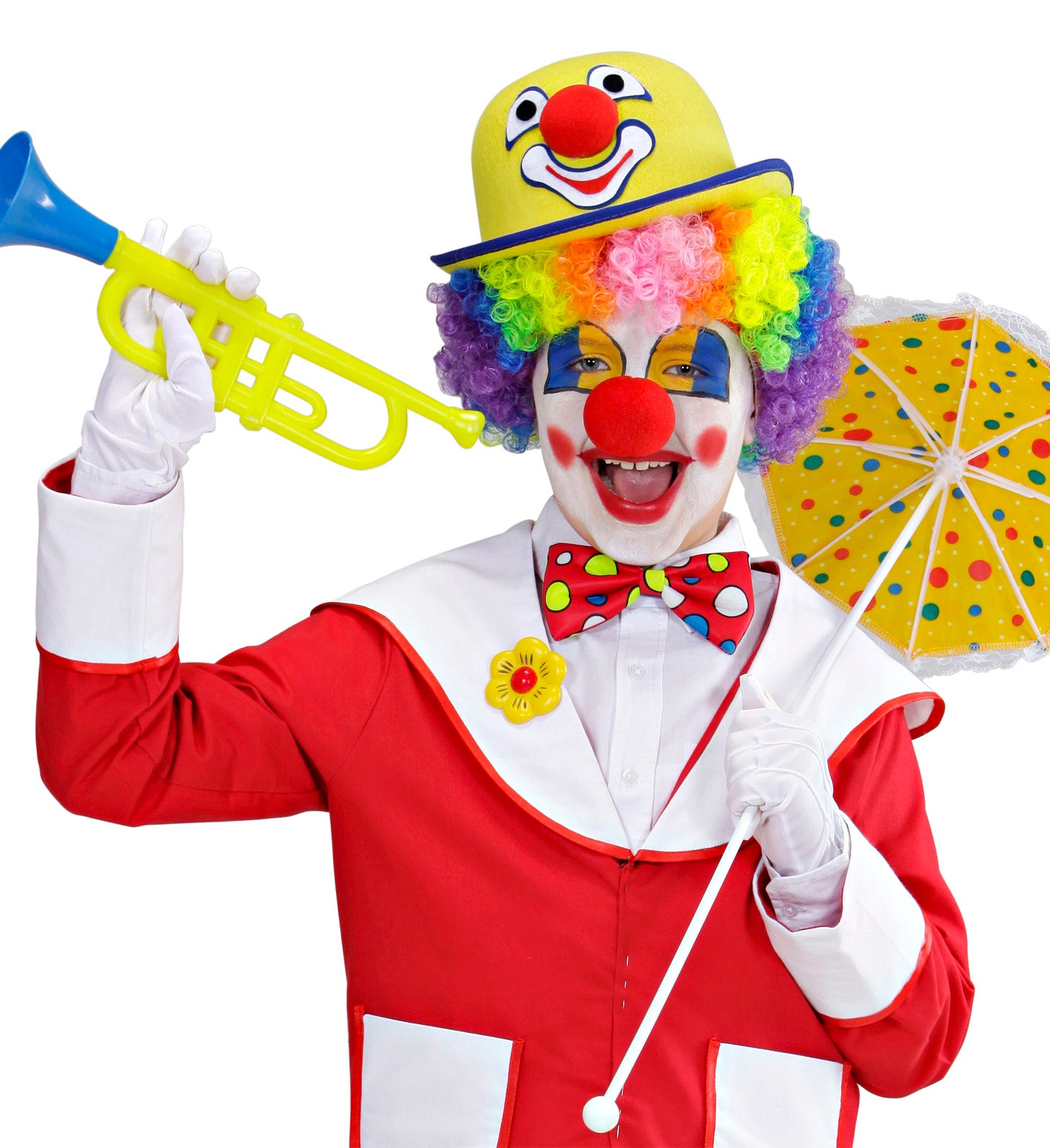 Gelb-rosa Filz-Clownsmelone für Kinder und Erwachsene mit elastischem Sitz.