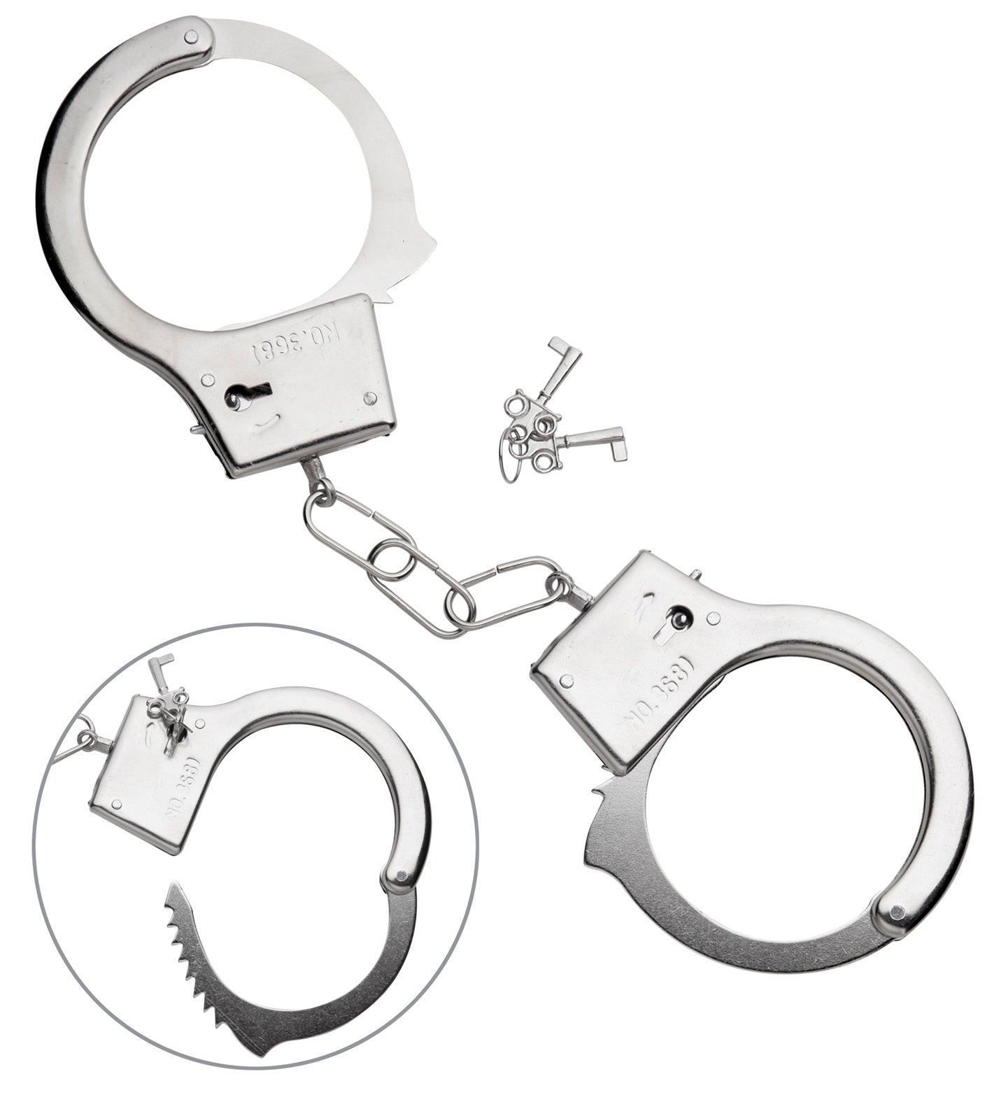 Silberne Metallhandschellen mit Schlüssel, authentisches Design für Karnevalskostüme.