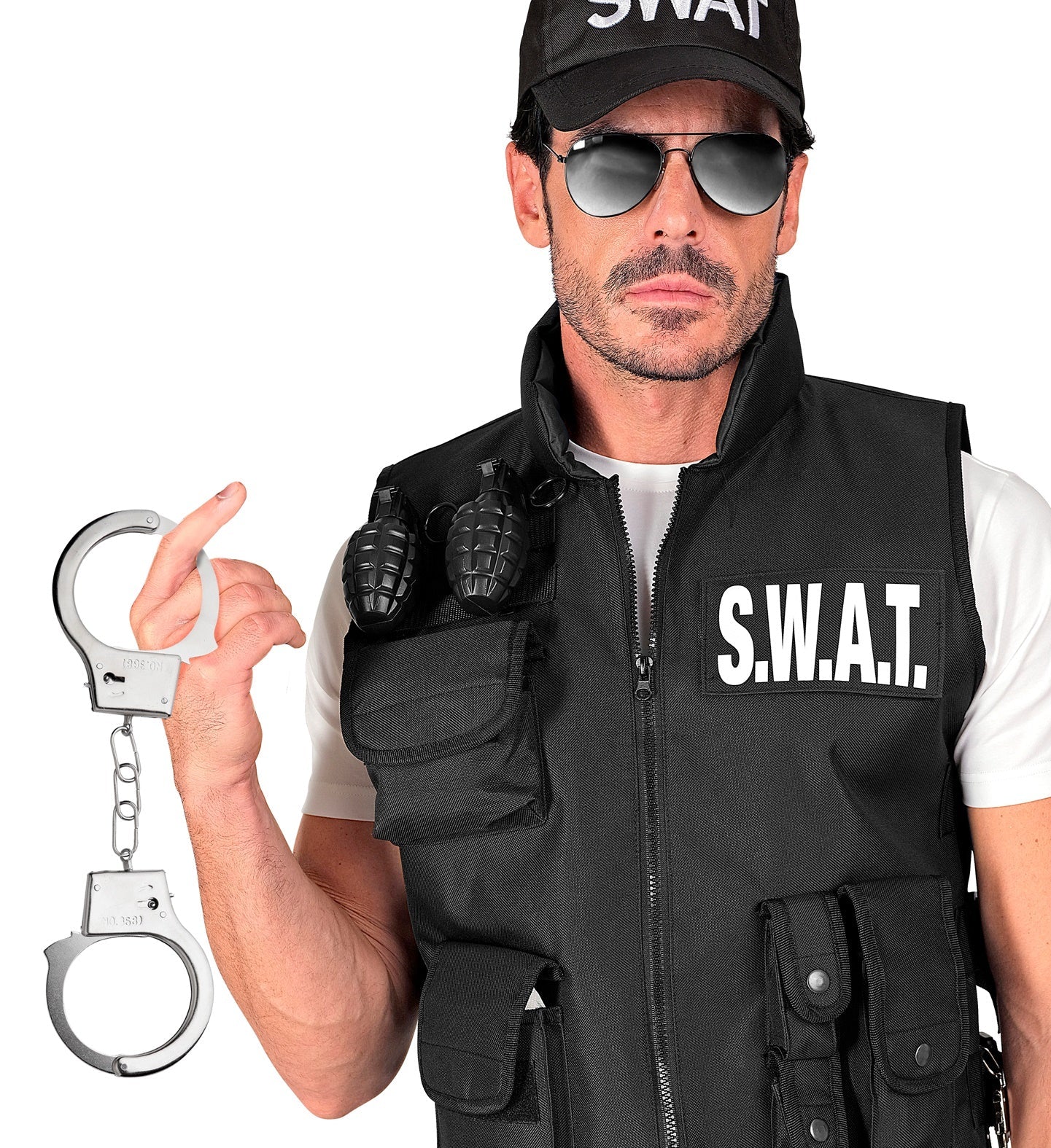 Silberne Metall-Handschellen mit Schlüssel in authentischem Design für Kostüm und Partygebrauch