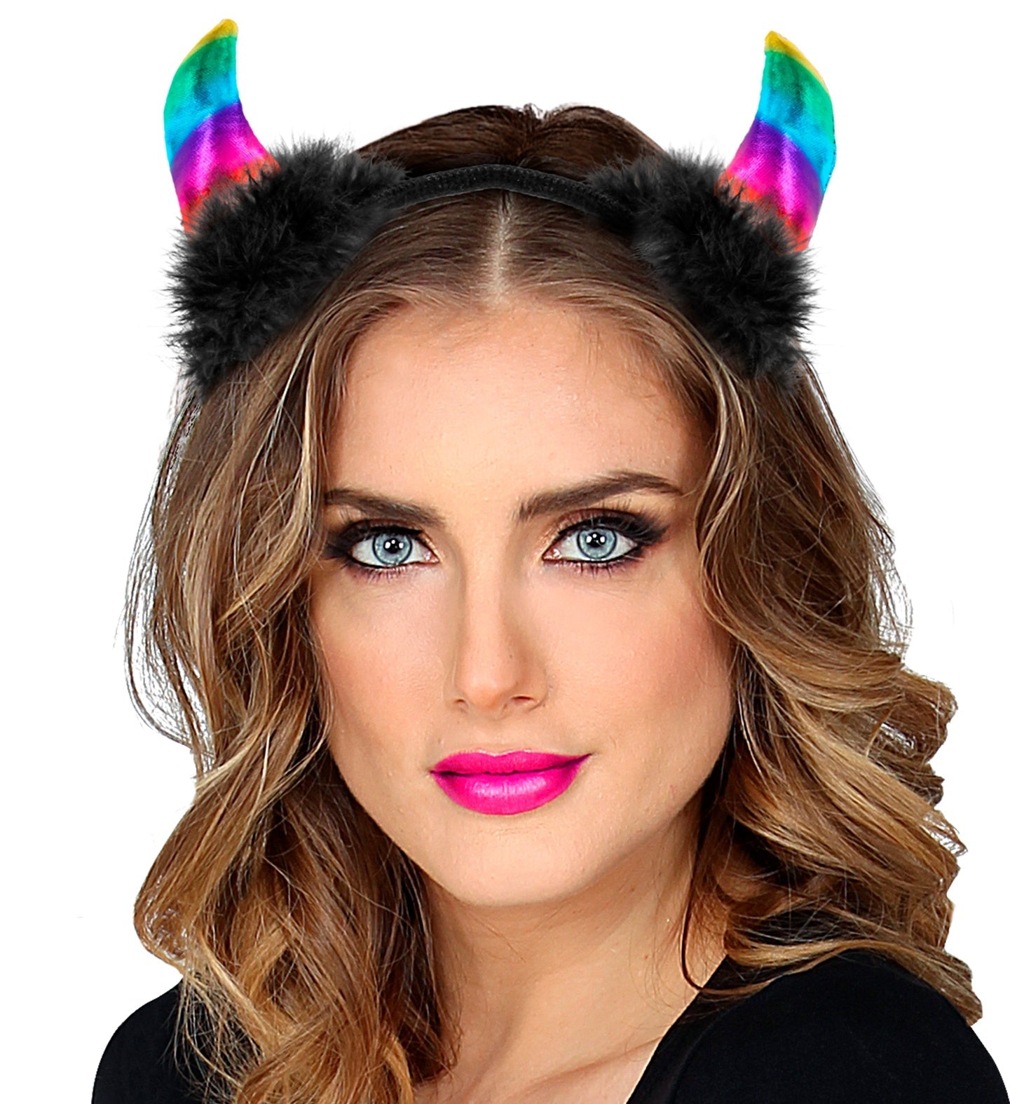 Metallisierte Rainbow Teufelshörner Haarreif mit holografischem Glanz auf Modell.