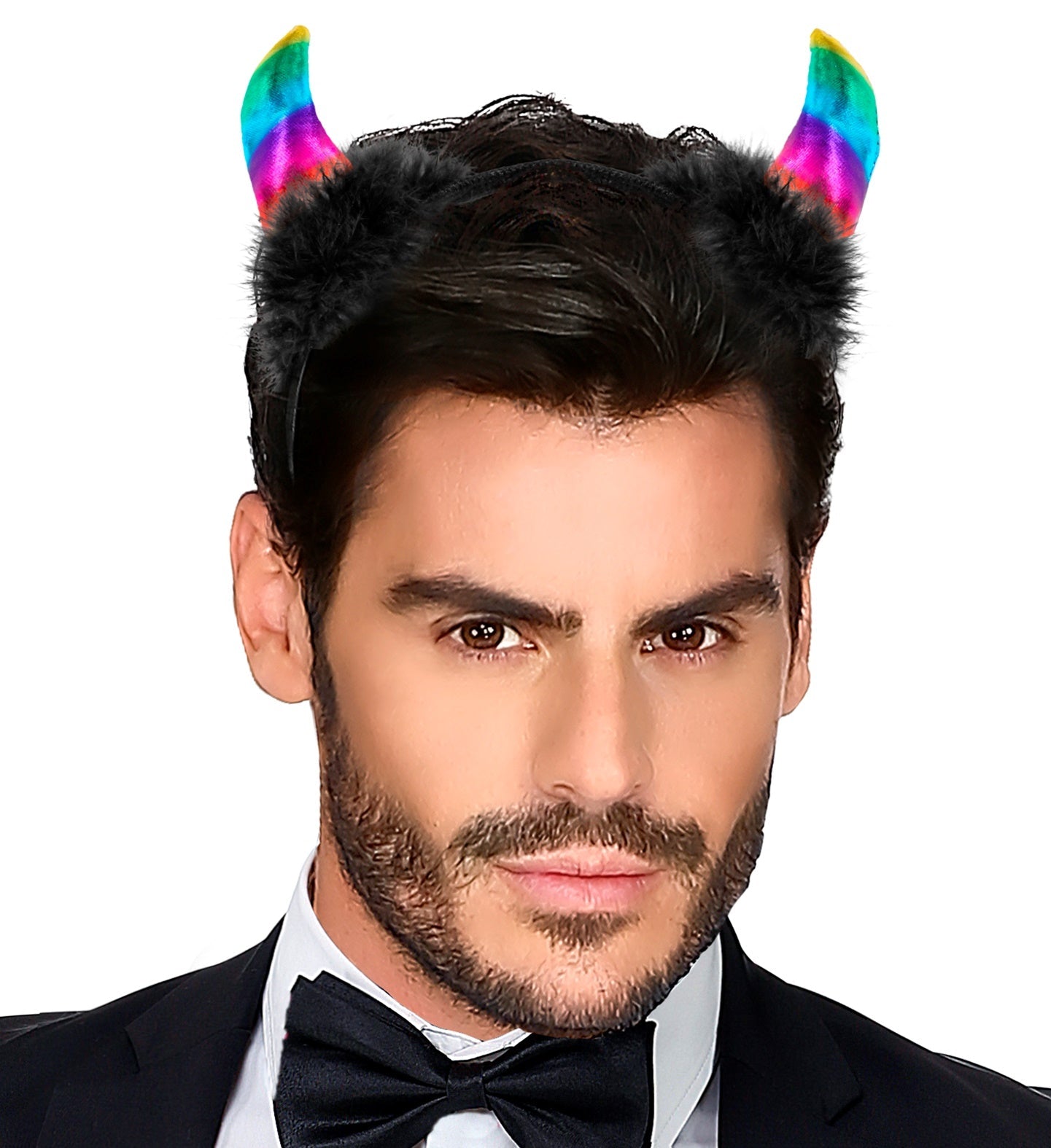 Holografisch glänzender Haarreif mit metallisierten Regenbogen-Teufelshörnern.