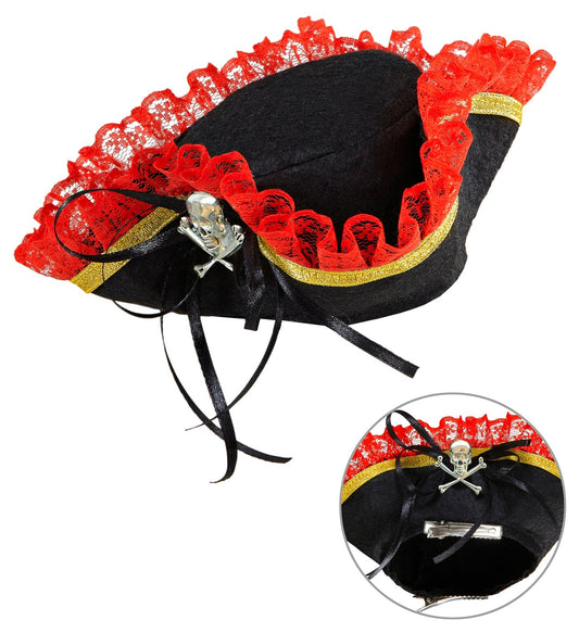 Mini velvet pirate tricorne hat with rhinestone skull on the brim.