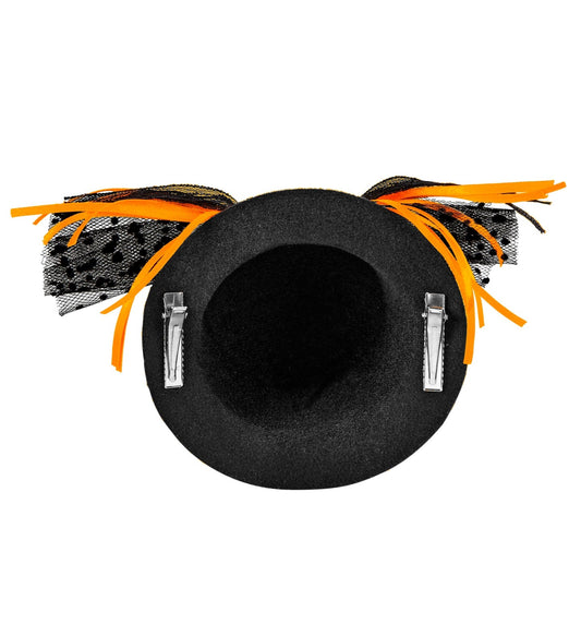 Mini-Zylinder in Schwarz mit Kürbis und Netz für Halloween-Kostüme.