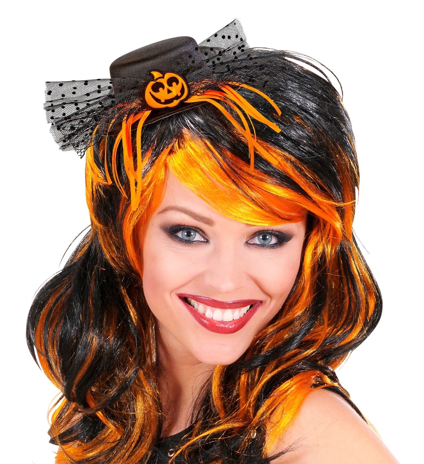 Schwarzer Mini Zylinder mit orangefarbenem Kürbis und schwarzem Netz für Halloween-Kostüme