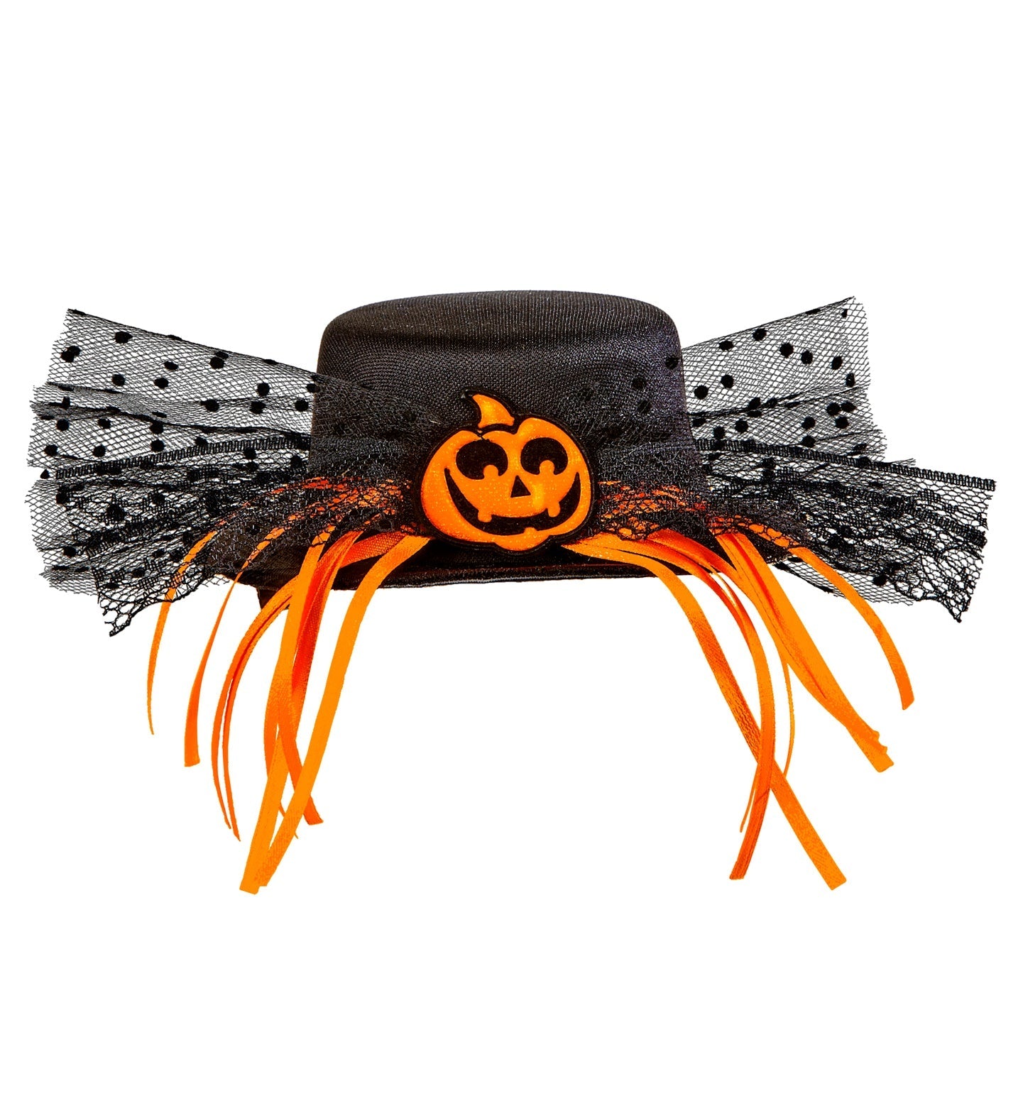 Mini-Hut in Schwarz mit Kürbis und Netz für Halloween-Kostüme.