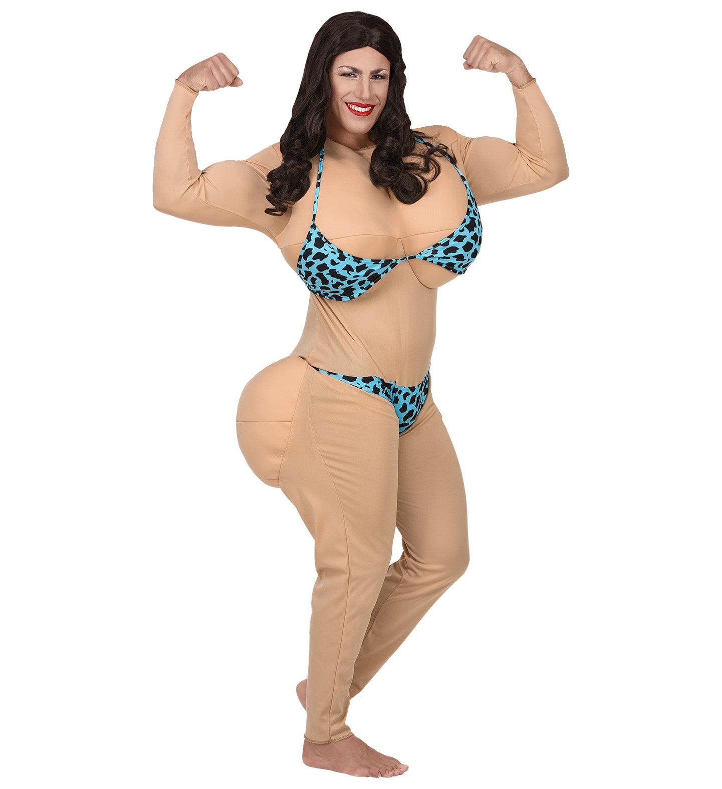 Ein Mann in einem lustigen Einteil-Bikini-Kostüm mit Muskeln und Kurven für Partys.