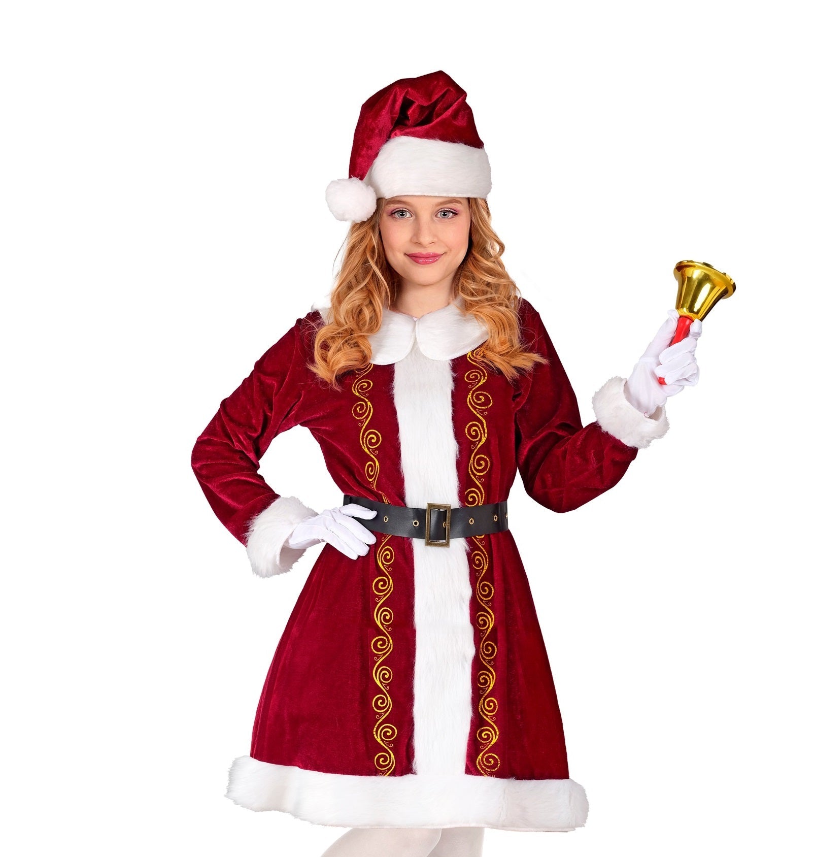 Rotes Samtkleid mit weißem Besatz und passendem Hut für Mädchen im Weihnachtsstil.