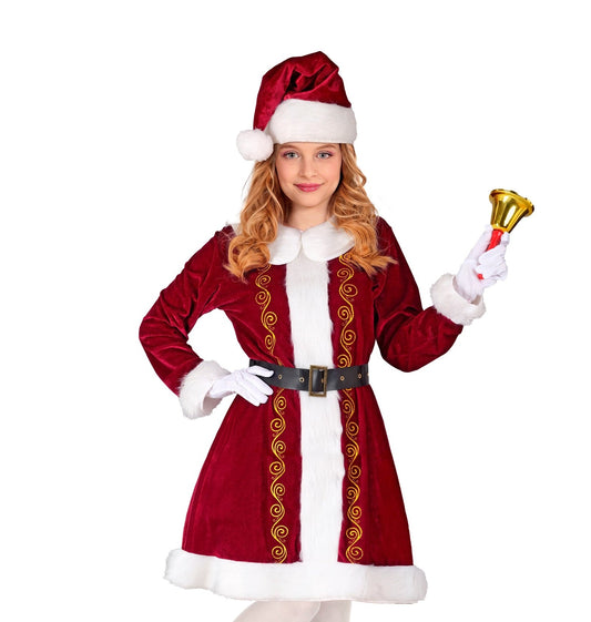 Rotes Samtkleid mit weißem Besatz und passendem Hut für Mädchen im Weihnachtsstil.