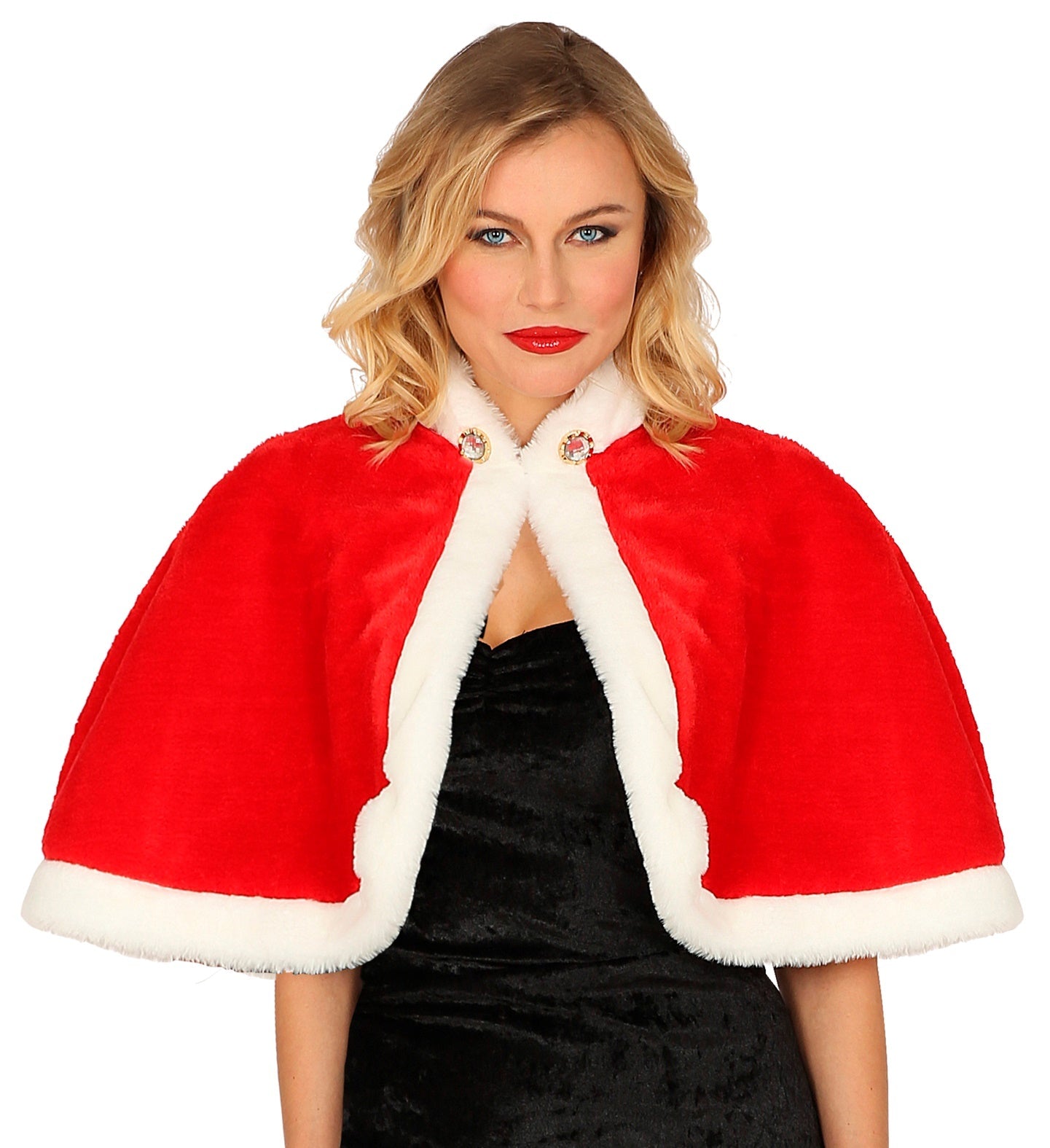 Rotes kurzes Weihnachtscape mit weißem Plüschbesatz und Krawattenverschluss für Damen.