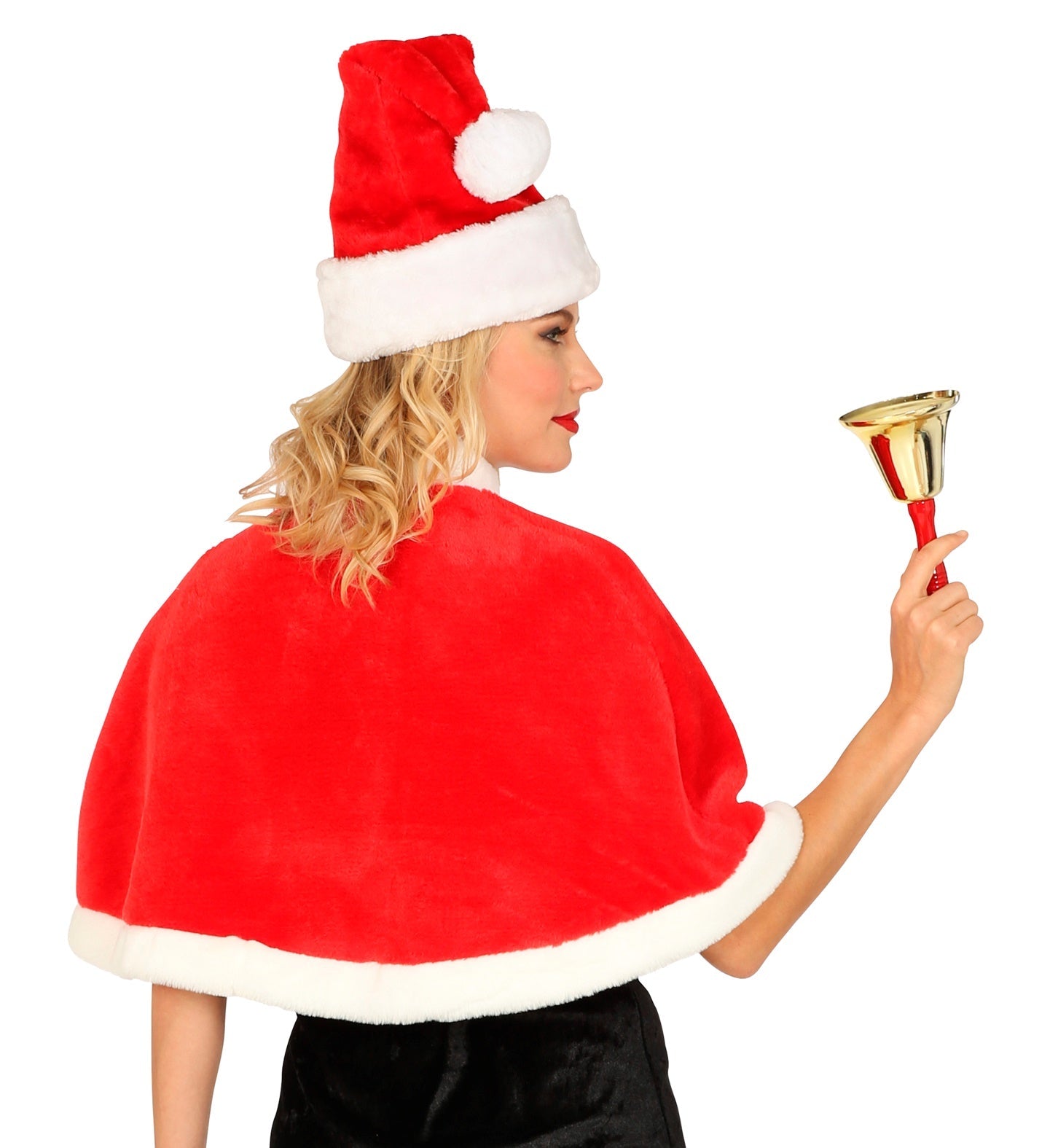 Rotes kurzes Weihnachtscape mit weißem Plüschbesatz und Krawattenverschluss für Damen.