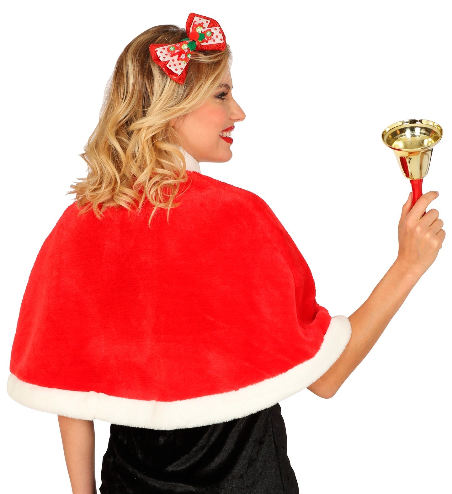 Kurzes rotes Weihnachtscape mit weißem Plüschbesatz für festliche Anlässe.