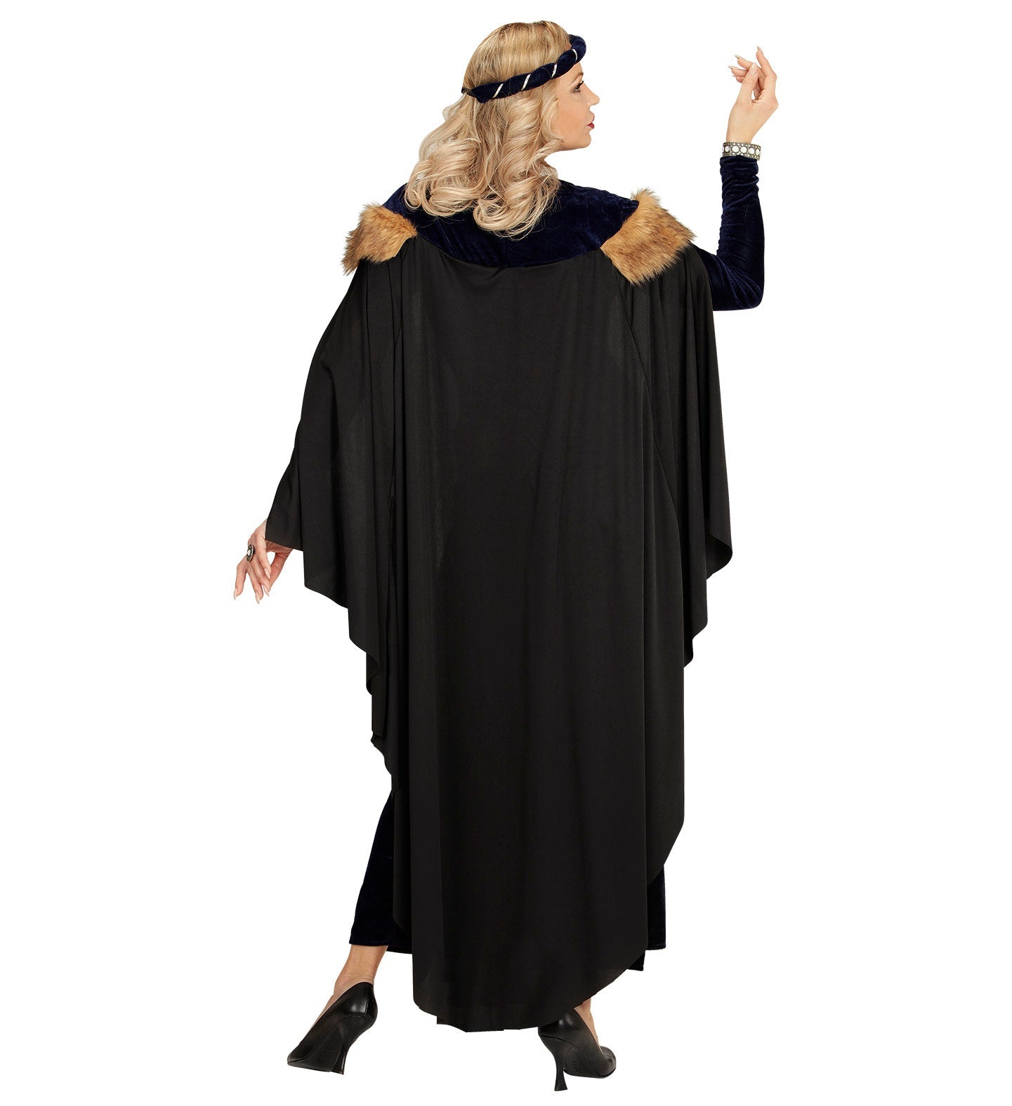 Woman in back view wearing a medieval princess burgundy velour dress with black cape and gold trim.