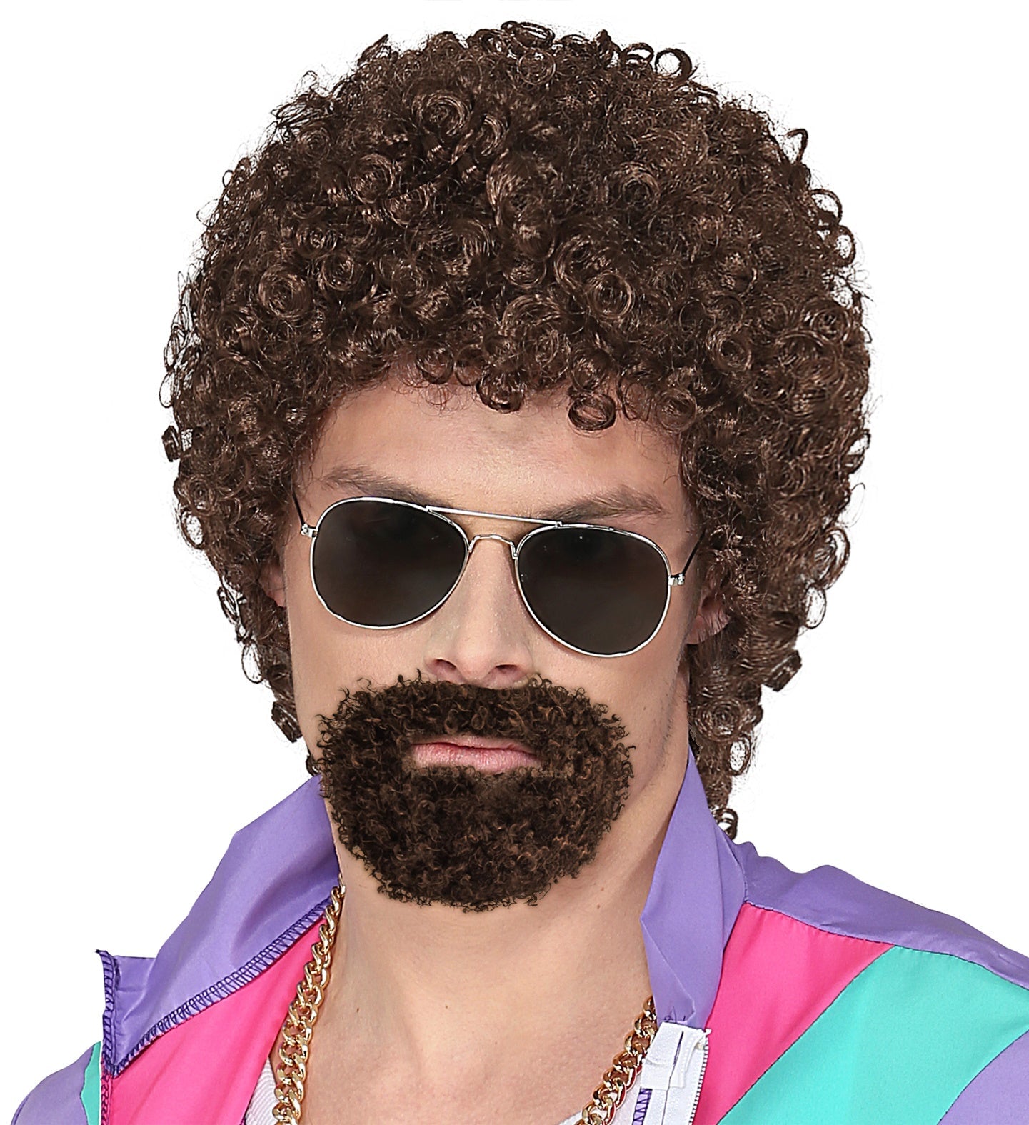 Schwarze 80er Jahre Perücke mit angeheftetem Goatee-Bart für Erwachsene.