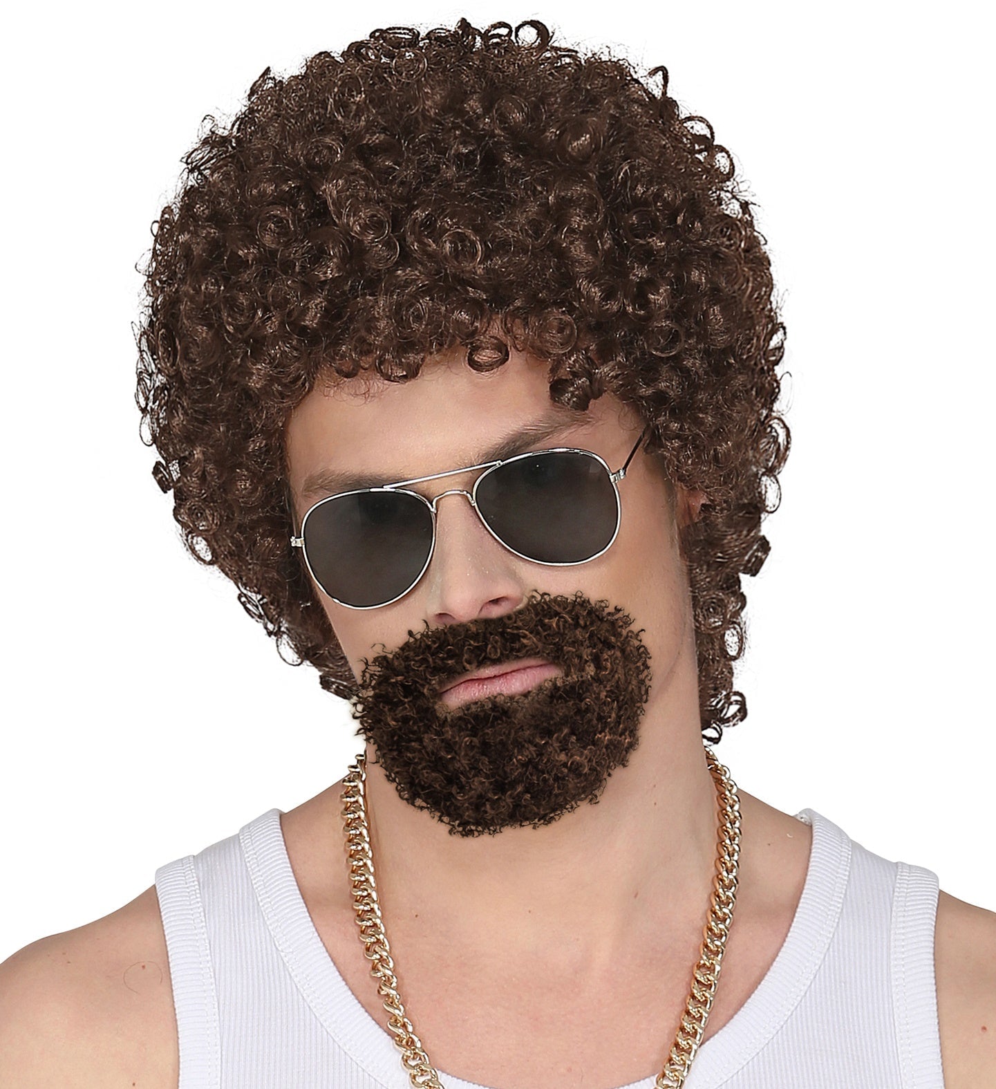 Schwarze 80er Jahre Perücke mit angeklebtem Goatee-Bart für Erwachsene.