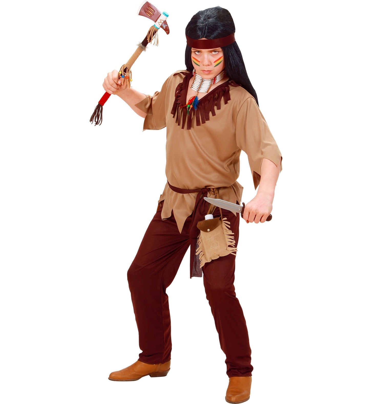 Kostümset für Jungen mit Oberteil, Hose, Gürtel und Stirnband in braun und beige.