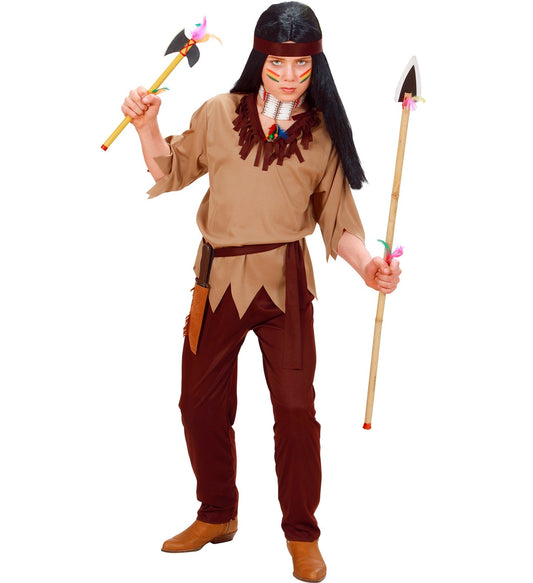 Indianer Jungenkostüm mit Oberteil, Hose, Gürtel und Stirnband in braun und beige.