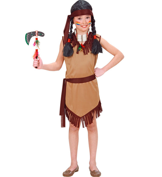 Mädchenkostüm Indianerin mit braunem Kleid, Gürtel und Federn am Stirnband