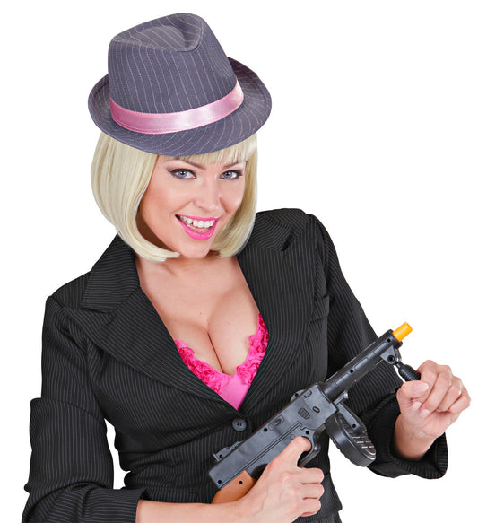 Schwarzer Gangsterhut mit pinken Nadelstreifen im 20er Jahre Stil und verstellbarem Innenband