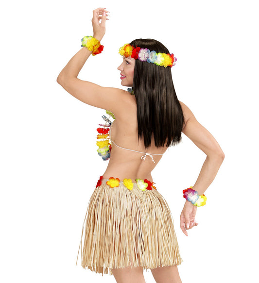 Hawaii-Outfit mit Bastrock, Blumen-Gürtel, Blumenkette und Armbändern in Naturtönen