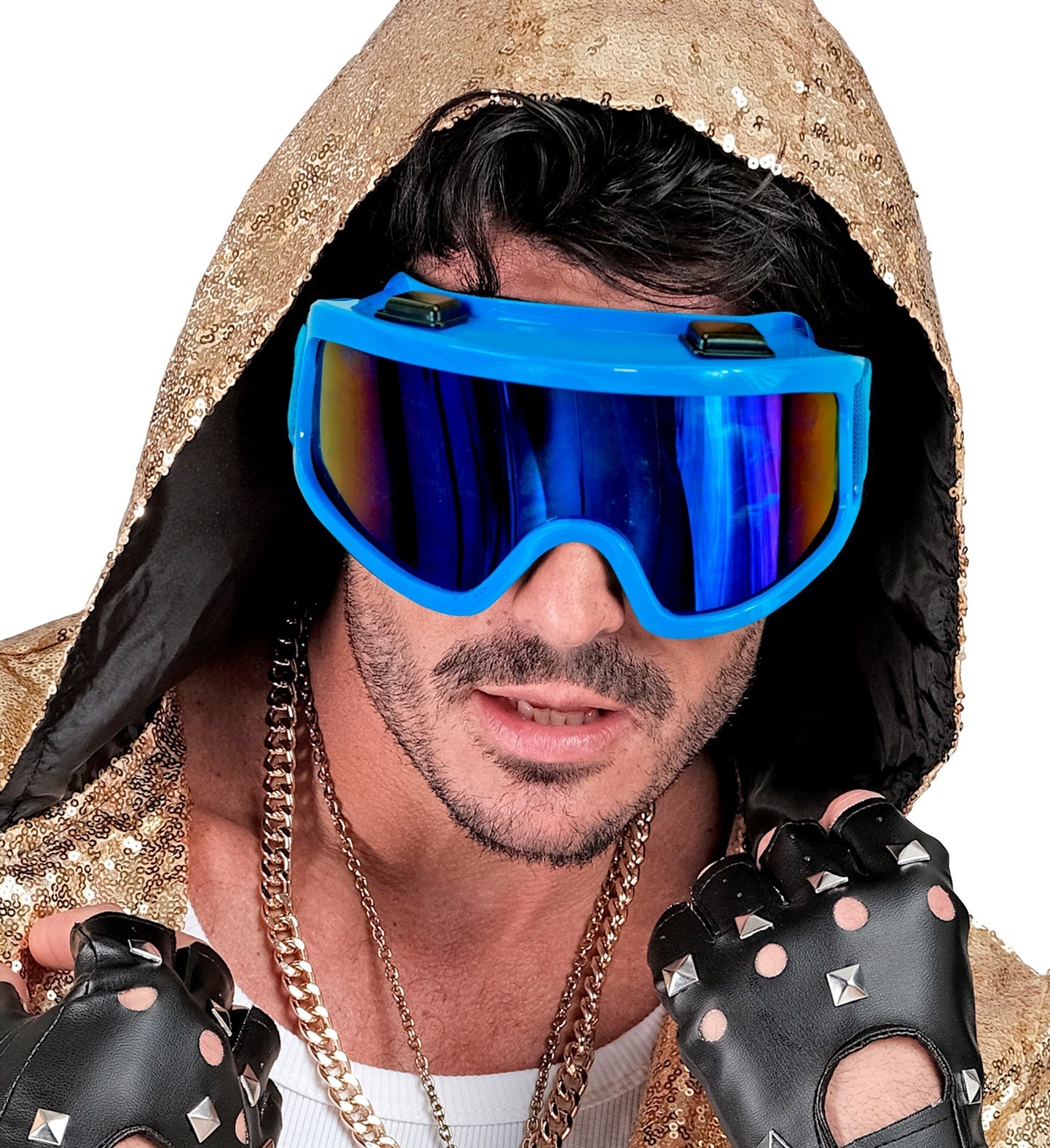 Neonblaue 80er Jahre Skibrille mit UV-Schutz, antibeschlagener Scheibe und verstellbarem Band