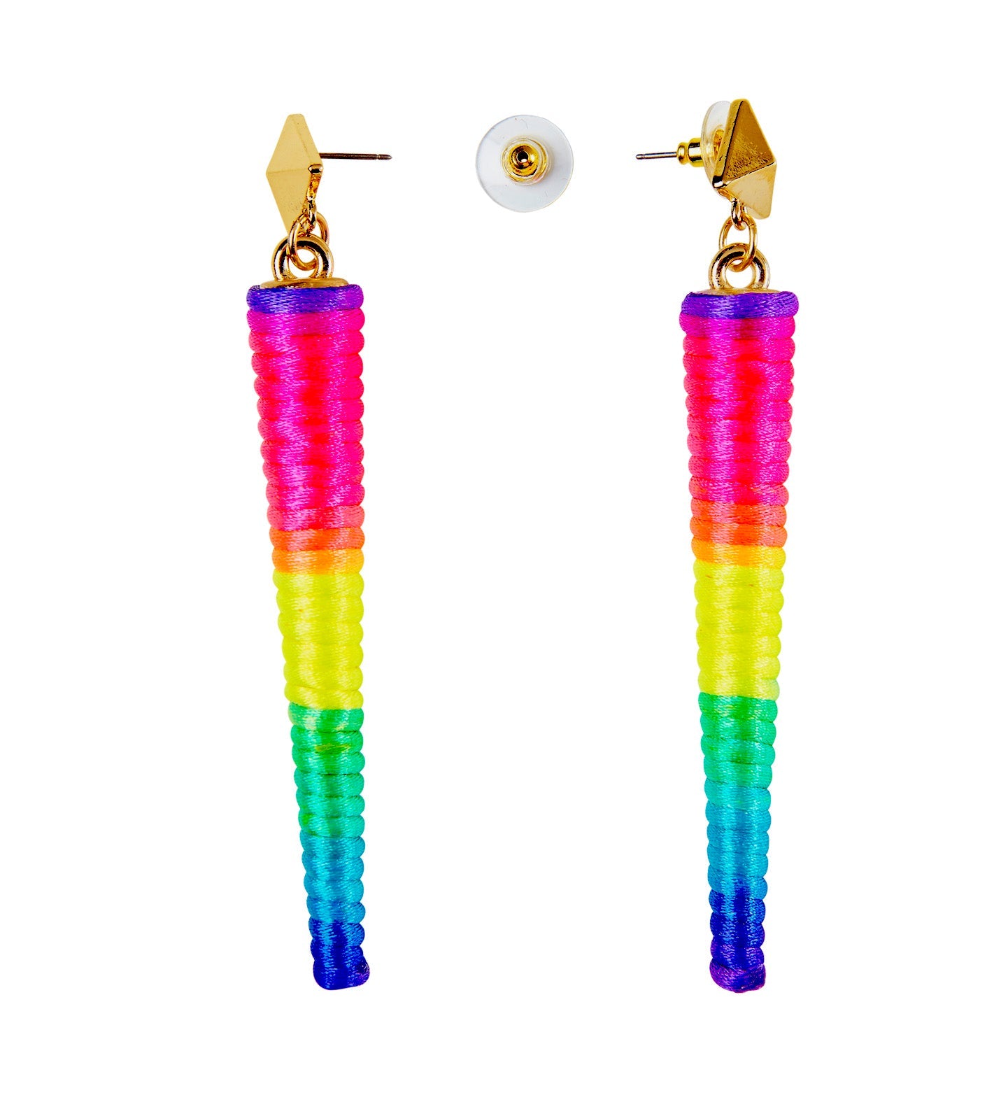 Pair of UV-reactive neon cone earrings in rainbow gradient with gold posts.