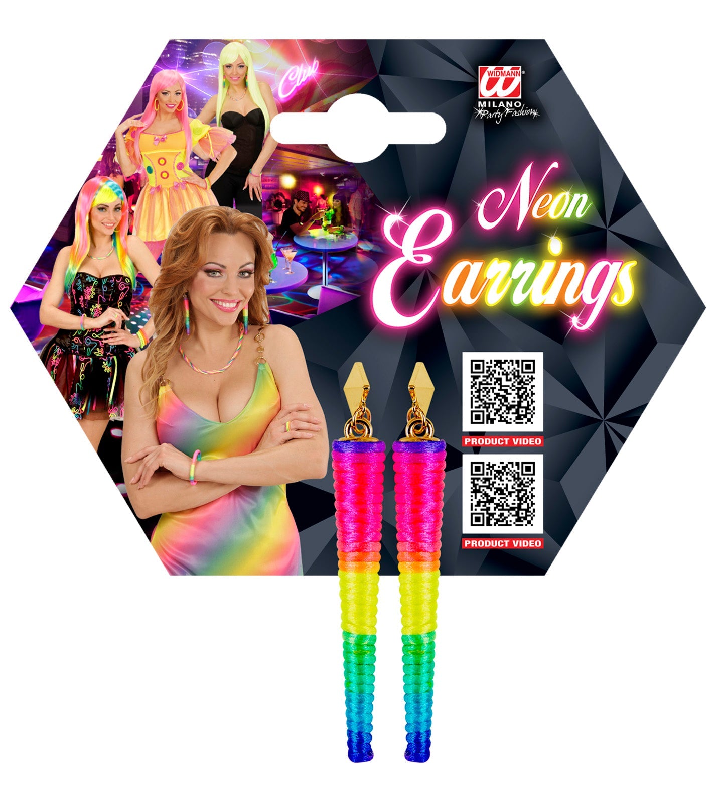 Pair of neon rainbow cone-shaped earrings with UV reactive glow on black card.