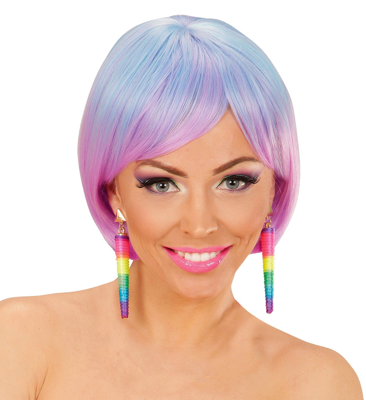 Woman wearing neon rainbow cone earrings that glow under UV light.