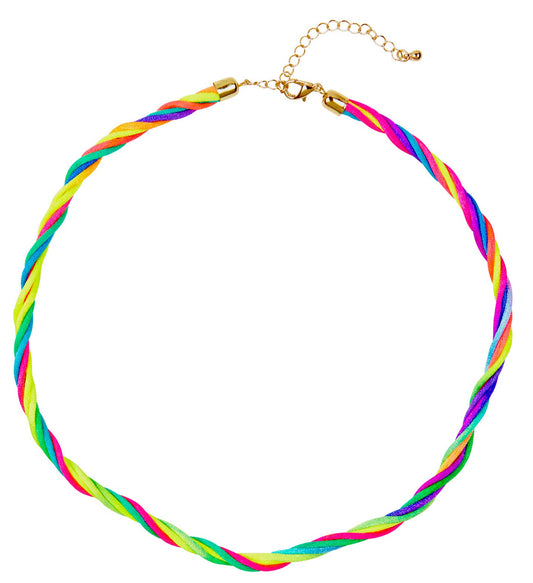 A multi-color neon cord choker necklace with five twisted strands and gold clasp.