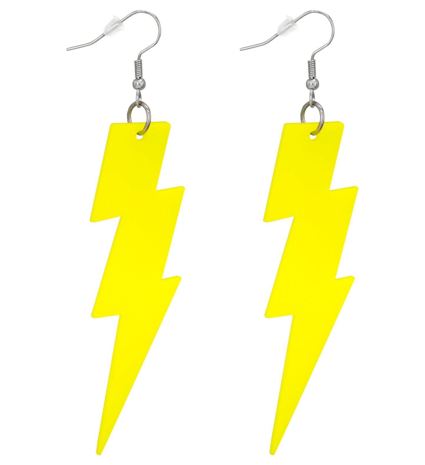 Neon gelbe Blitz-Ohrringe aus Kunststoff mit Clip-Verschluss im Retro-Stil der 80er Jahre.