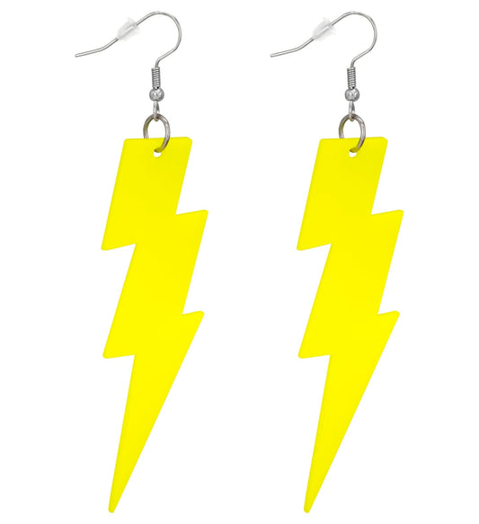 Neon gelbe Blitz-Ohrringe aus Kunststoff mit Clip-Verschluss im Retro-Stil der 80er Jahre.