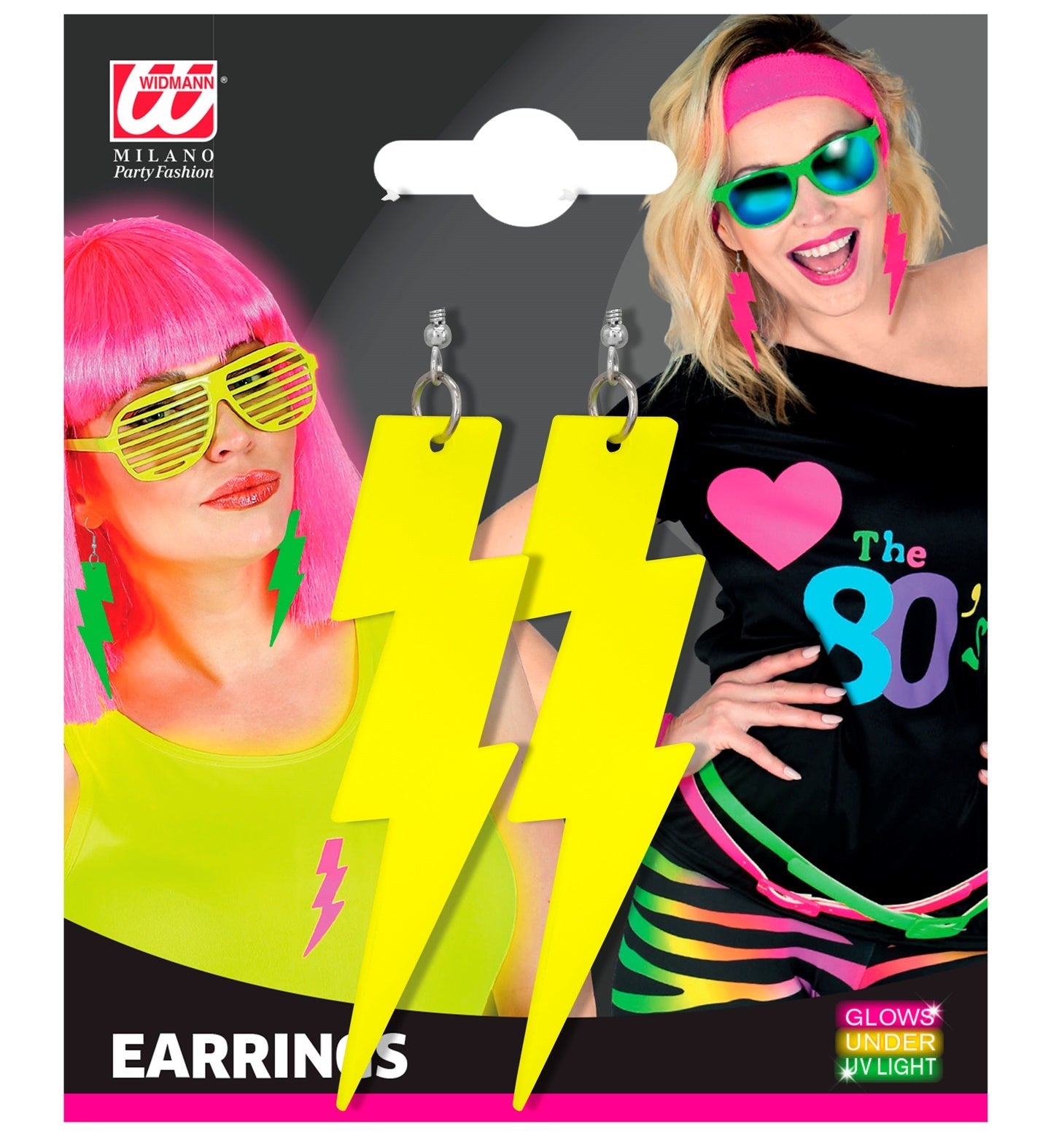 Neon gelbe Blitz-Ohrringe aus Kunststoff mit Clip-Verschluss im 80er Jahre Stil.