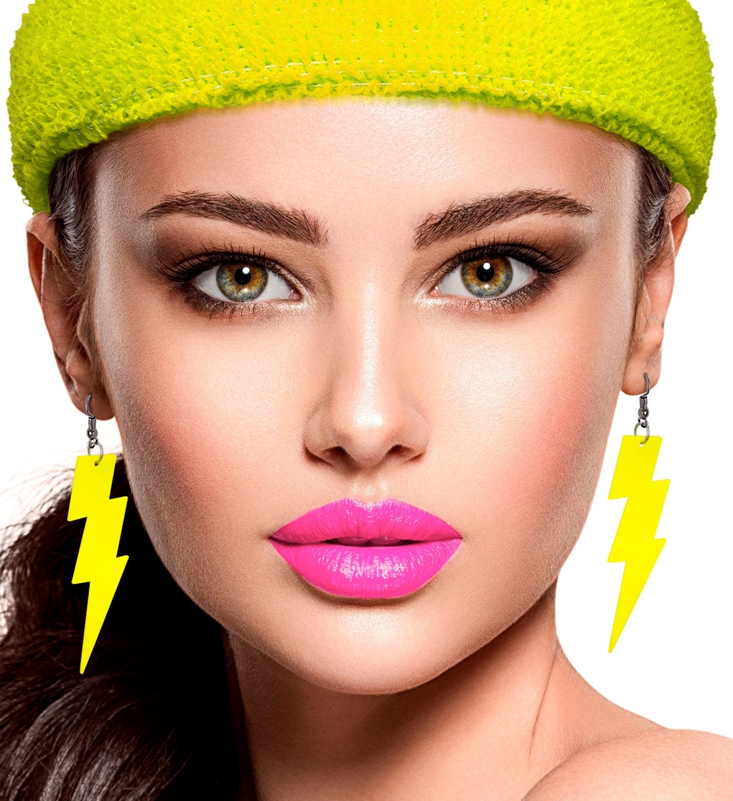 Neon gelbe Blitz-Ohrringe aus Kunststoff mit Clip-Verschluss im 80er-Jahre Retro-Stil