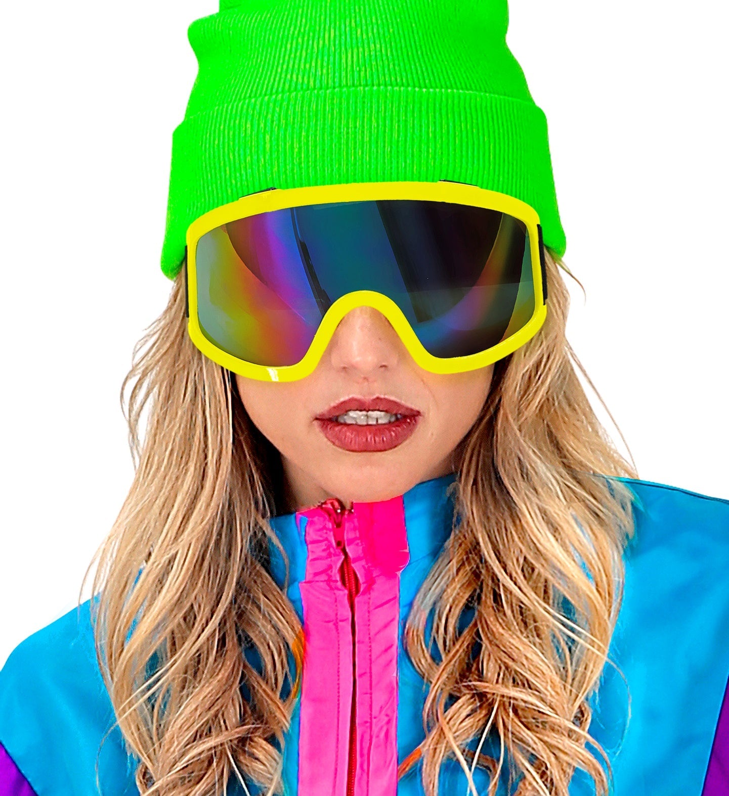 Neon gelbe 80er Jahre Skibrille mit UV-Schutz und kratzfestem Visier.