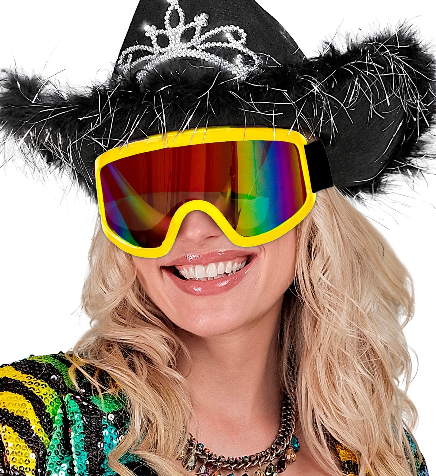 Neon gelbe 80er Jahre Skibrille mit UV-Schutz und verstellbarem Gurt für Ski.