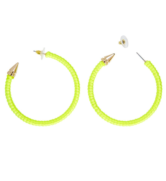 Pair of lightweight neon yellow anodized aluminum hoop earrings with secure clasps.