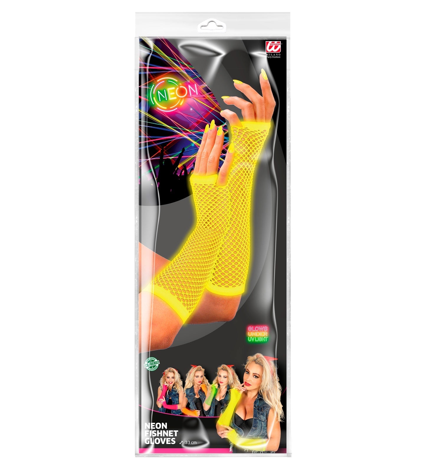 Neon-gelbe, fingerlose Netz-Handschuhe in 33 cm Länge für Festivals und Partys.