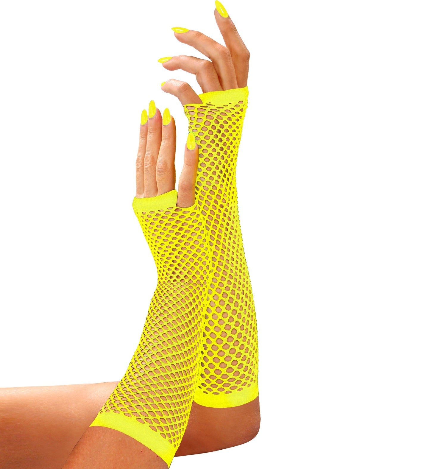 Neon-gelbe, fingerlose Netz-Handschuhe mit 33 cm Länge bis zum Ellbogen.