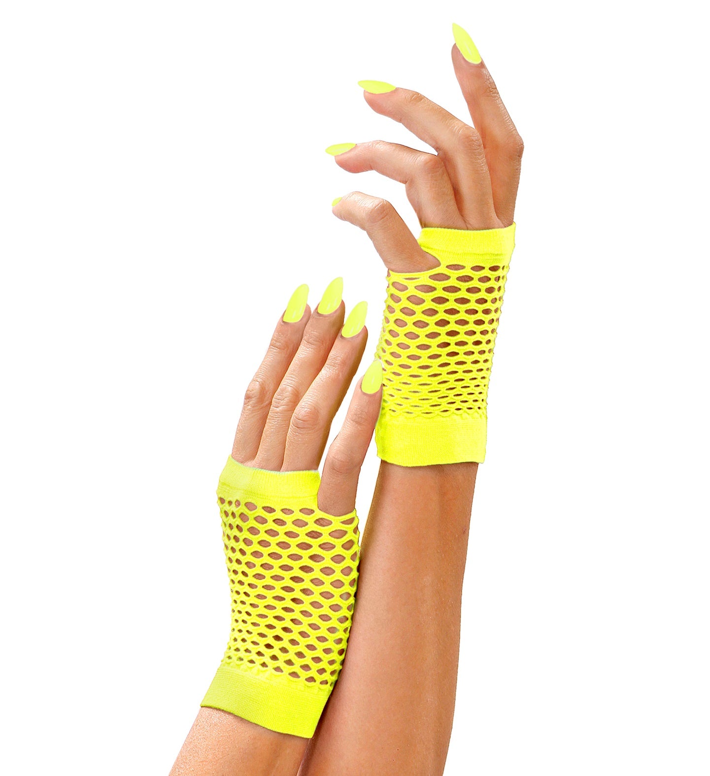 Neongelbe fingerlose Netz-Handschuhe mit elastischem Stoff für Festivals und Partys