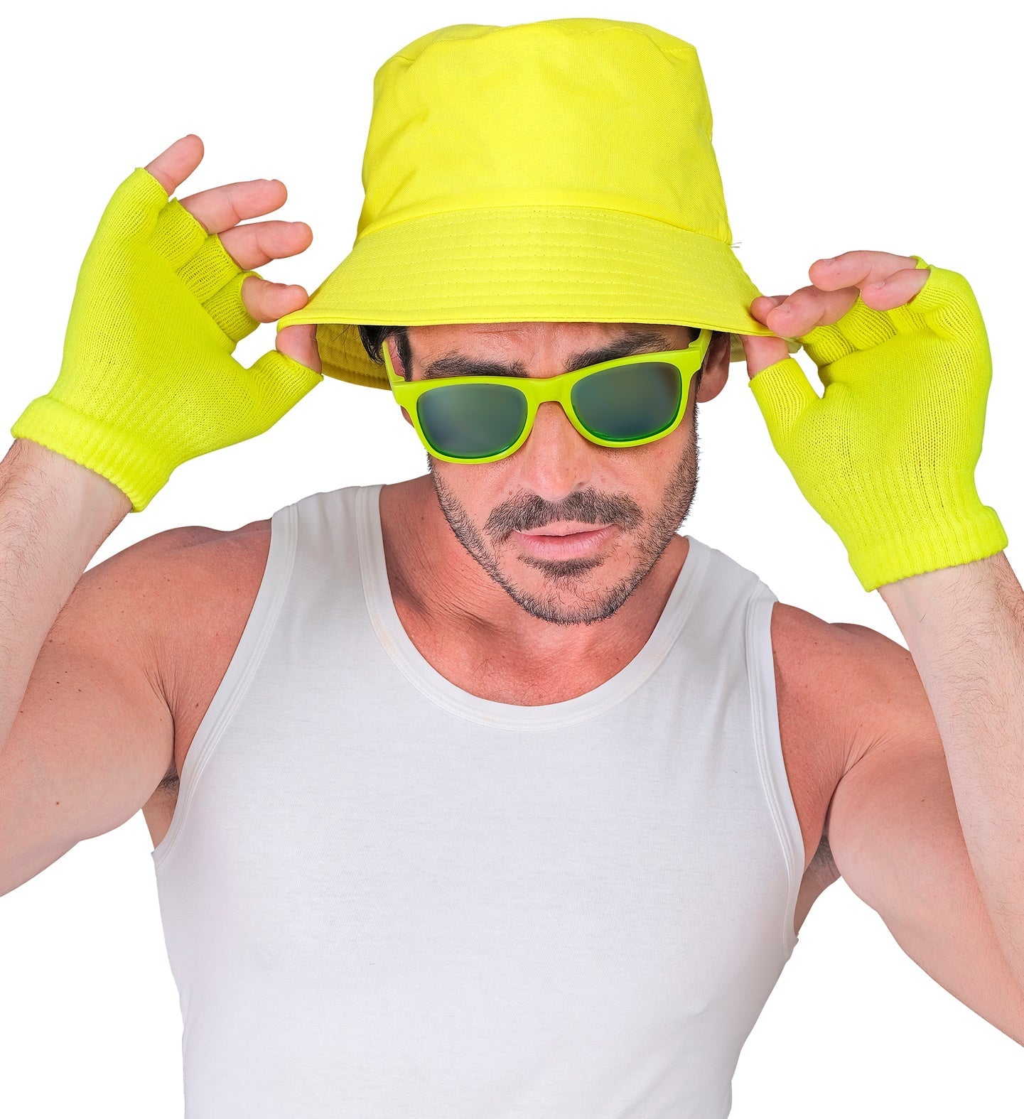 Neon gelbe fingerlose Woll-Handschuhe, elastisch, ideal für Smartphone und kalte Tage.