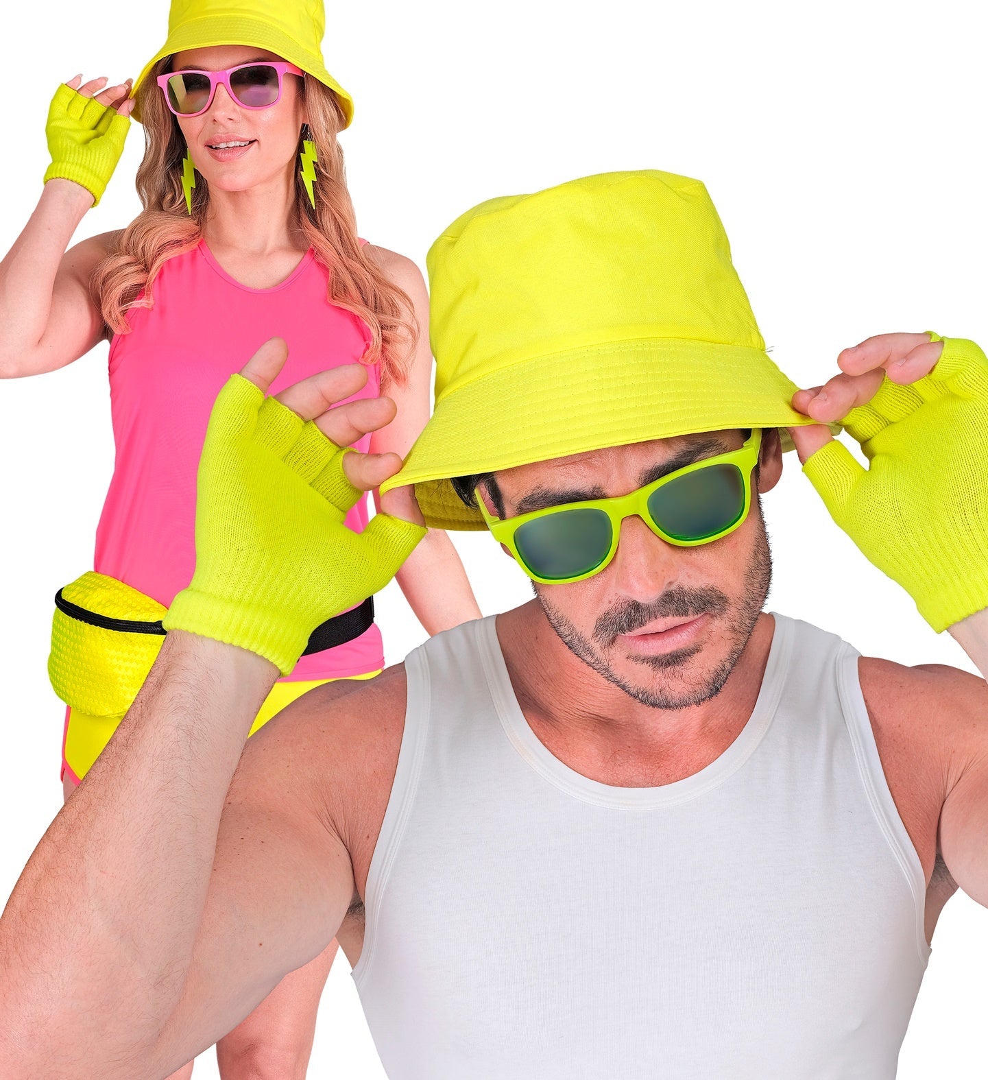 Neon gelbe fingerlose Woll-Handschuhe mit offener Fingerpartie für mehr Beweglichkeit.