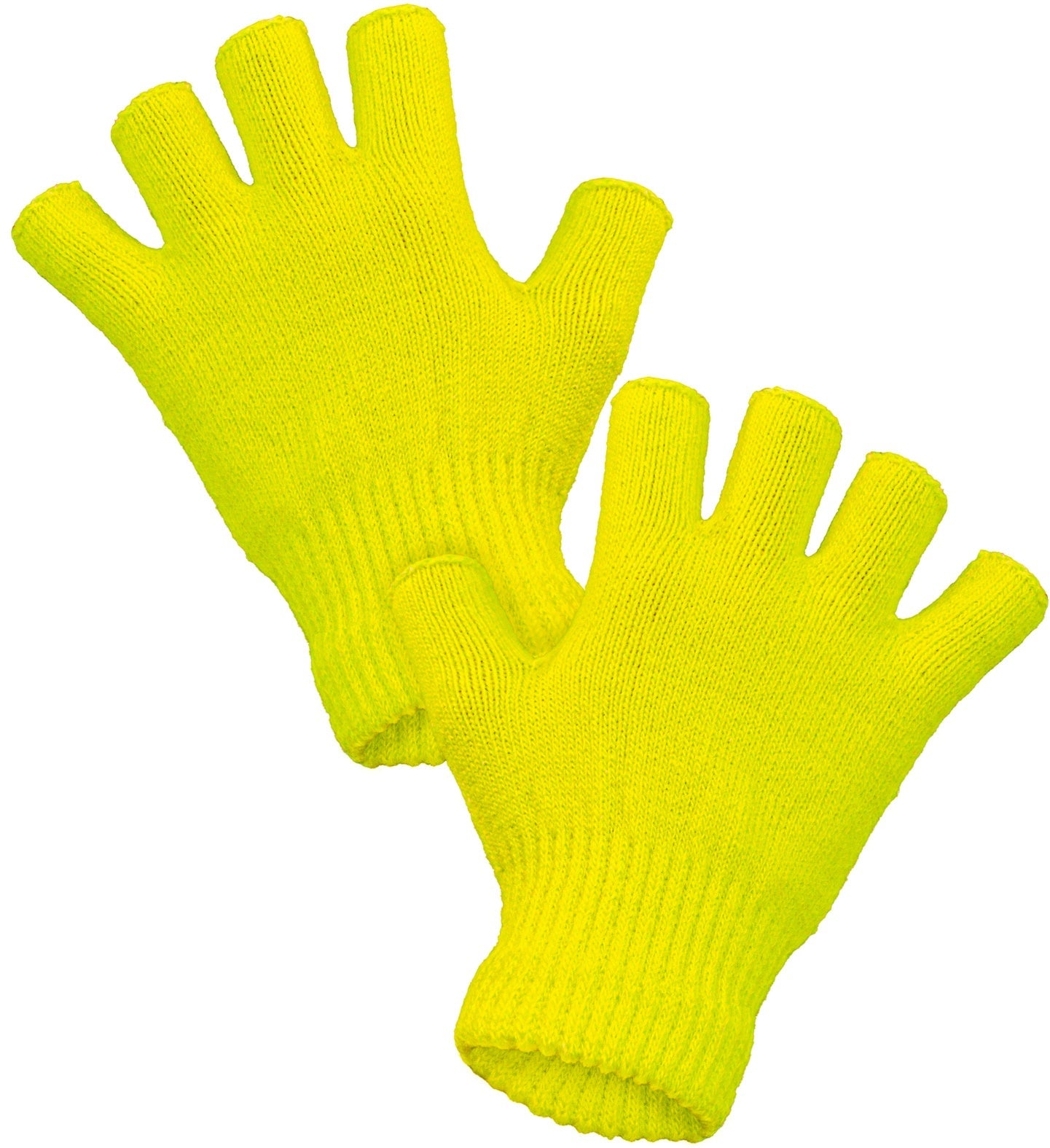 Neon gelbe fingerlose Woll-Handschuhe aus weicher Woll-Mischung, unisex und warm.