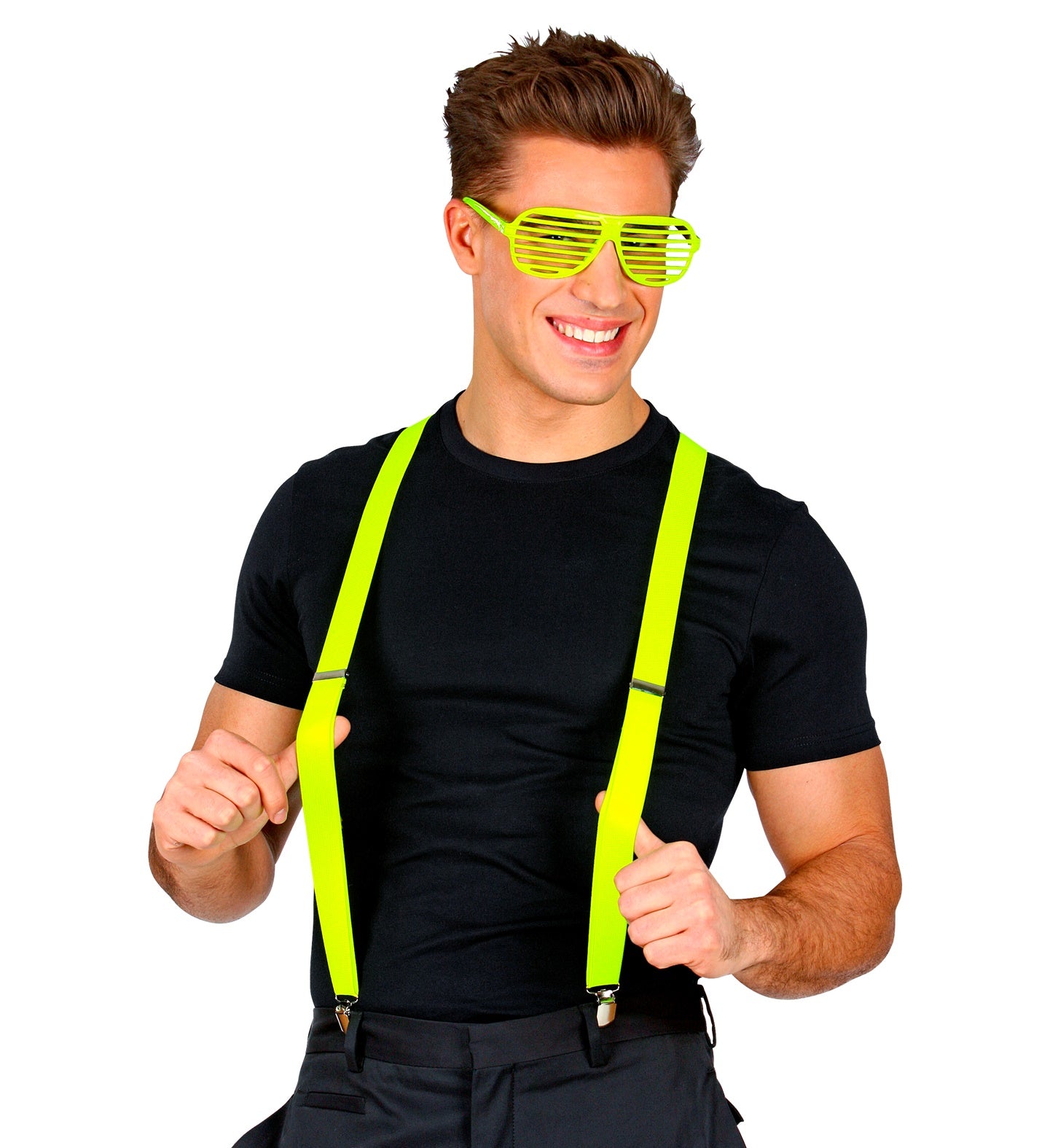 Neon gelbe, elastische Hosenträger mit verstellbarer Länge und Metallclips für Herren.