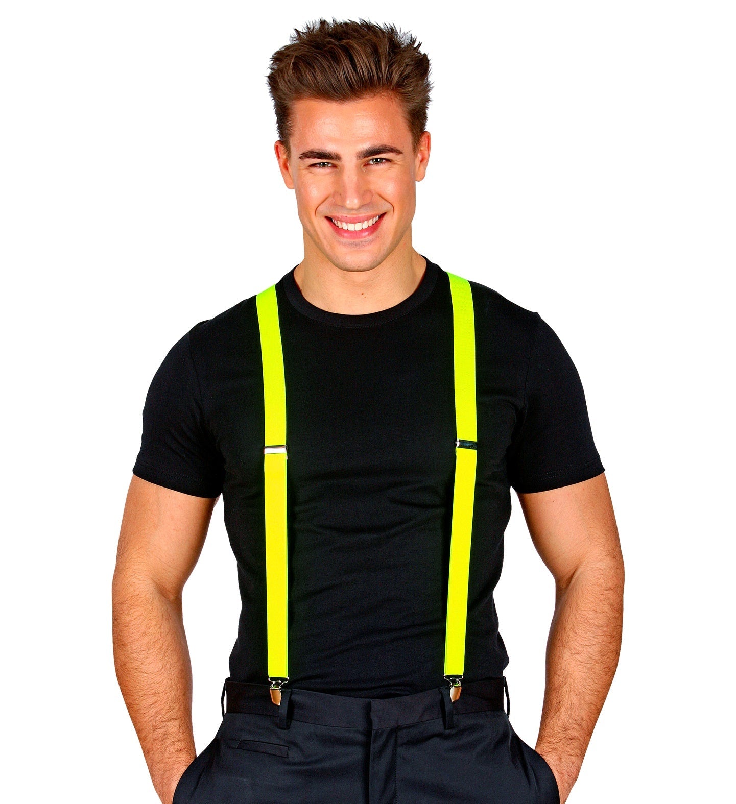 Neon gelbe, elastische Hosenträger für Herren mit verstellbarer Länge und Metallclips.