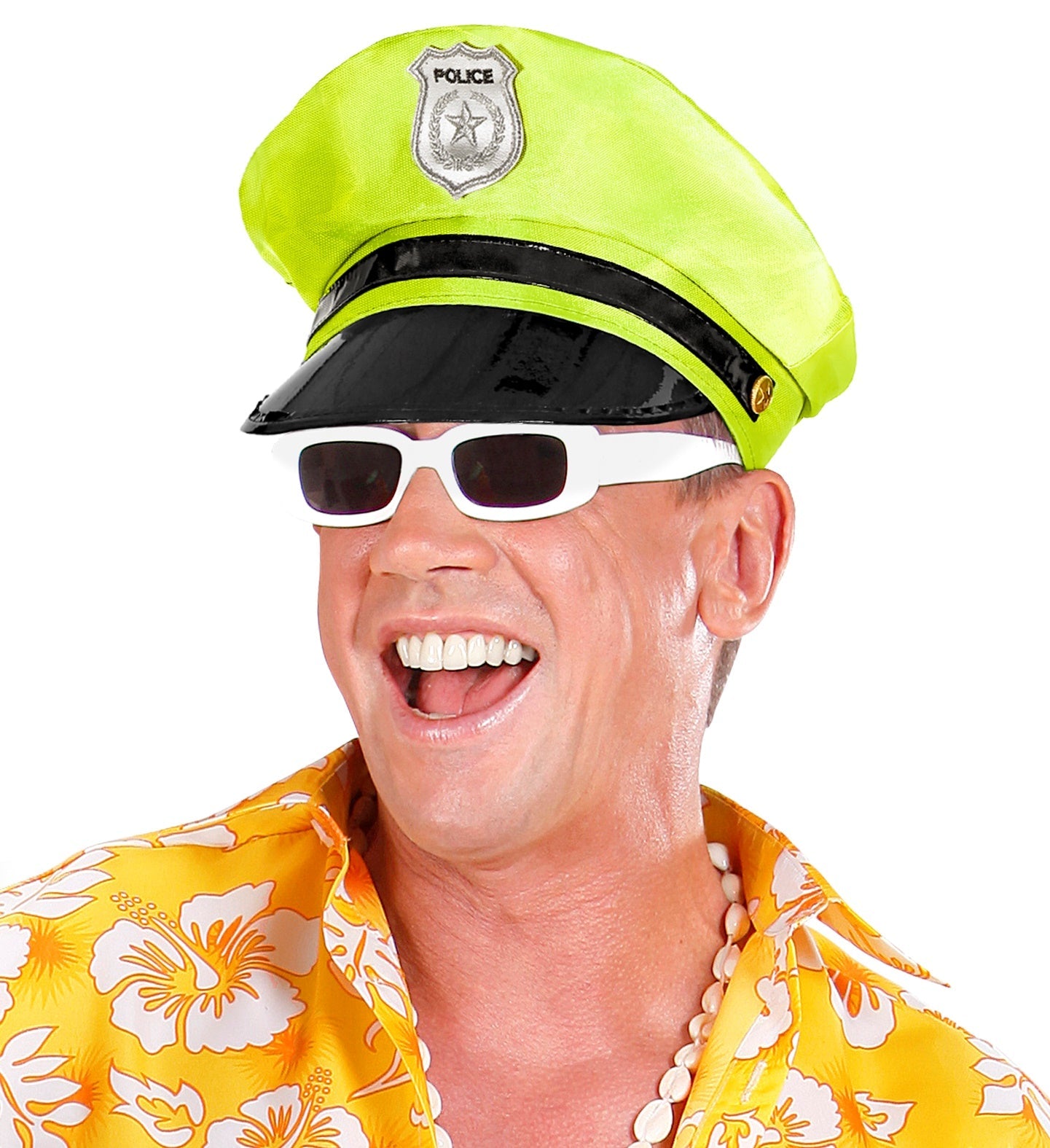 Neon-gelber Polizeihut mit Visier und elastischem Band für eine bequeme Passform.