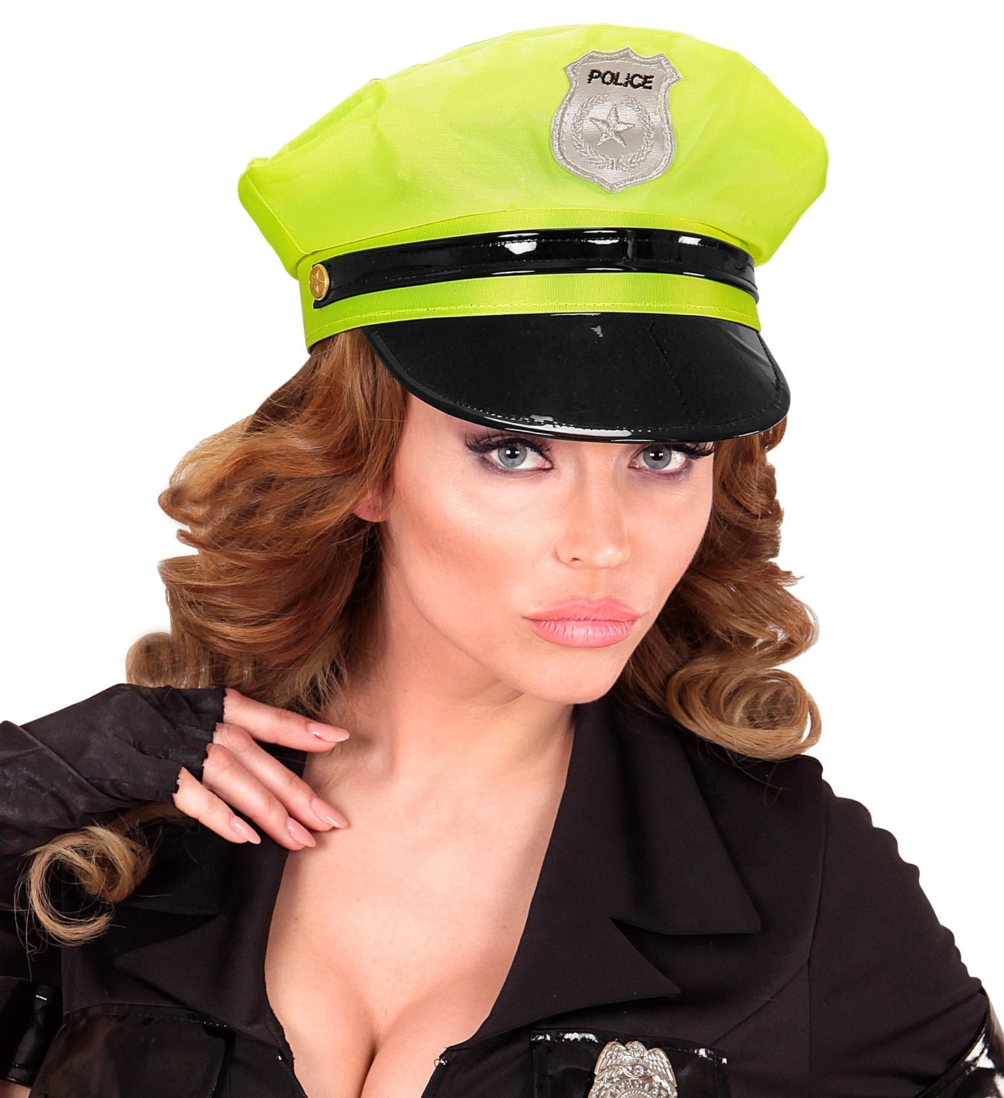 Neongelber Polizeihut mit Schirm und elastischem Band als Kostümzubehör