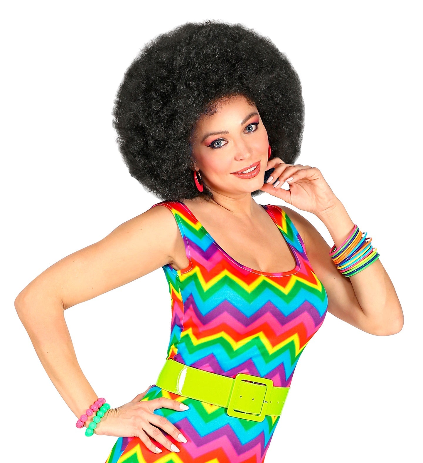 Neon gelber Vinyl Gürtel mit breitem Hochglanz-Look und verstellbarer Länge von 65–95 cm.