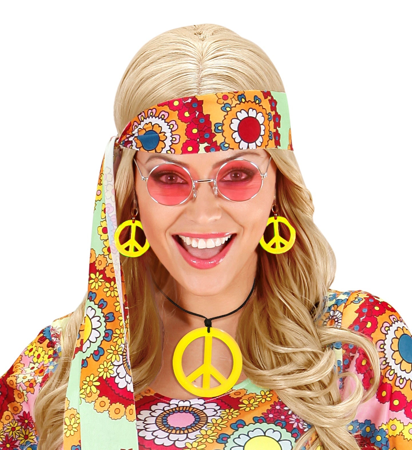 Widmann Neon Gelbes Peace Zeichen Halskette & Ohrringe Set – 70er Jahre - Fasnacht24.ch