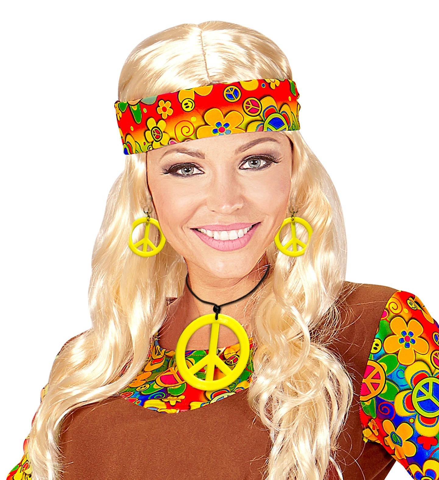 Widmann Neon Gelbes Peace Zeichen Halskette & Ohrringe Set – 70er Jahre - Fasnacht24.ch