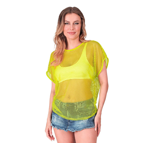 Neon gelbes Netzshirt mit kurzen Ärmeln und pinken Akzenten für Festivals und Partys